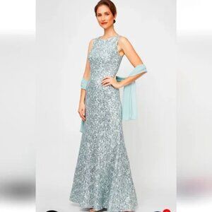 Alex Evenings Sleeveless Corded Fit Ice  Sage Lace & Sequin-Detail Gown  Sz 8